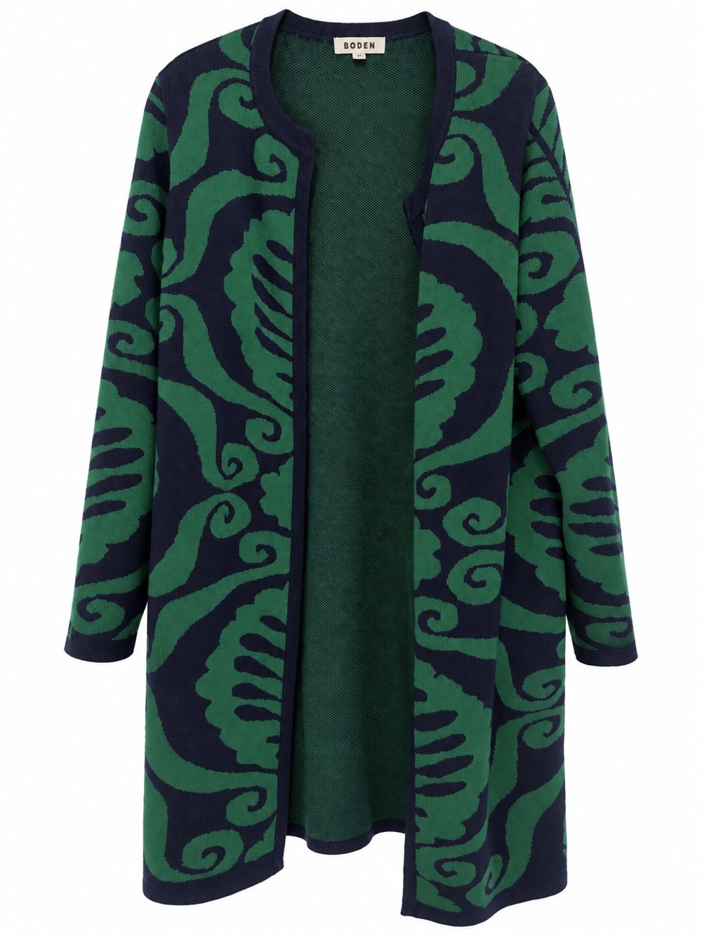 Boden Navy and Green Open-Front Patterned Cardigan